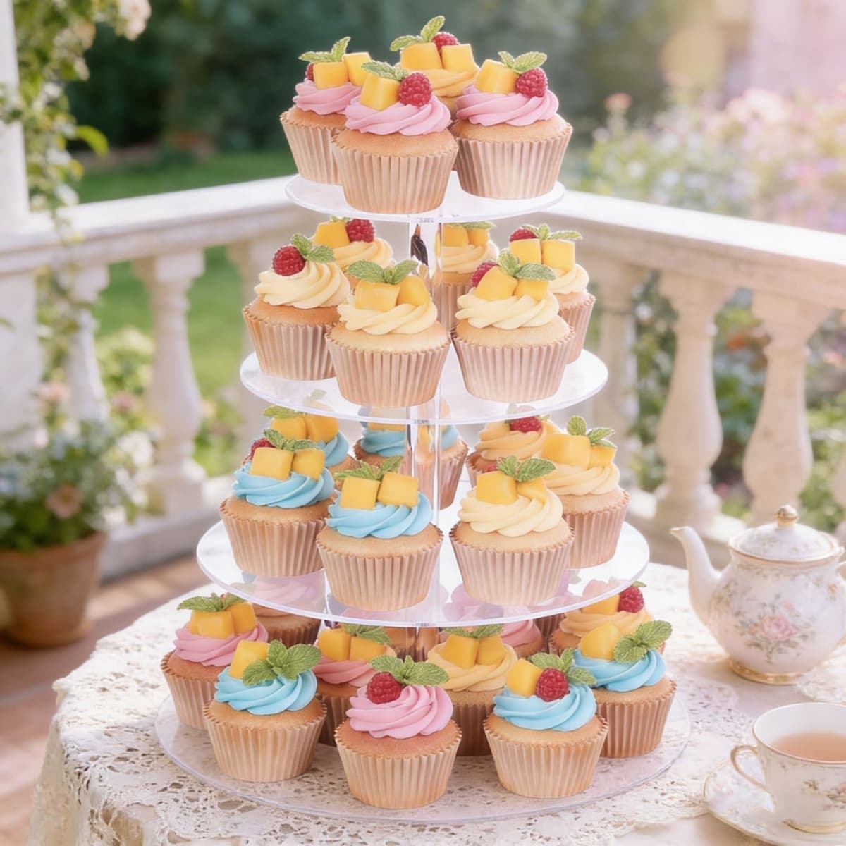4 Tier Cupcake Stand for 50 Cupcakes, Clear Acrylic Cupcake Stand, Cupcake Holder for Parties, Weddings, Birthdays, Ease of Assembly High Stability (Round) thumbnail 5