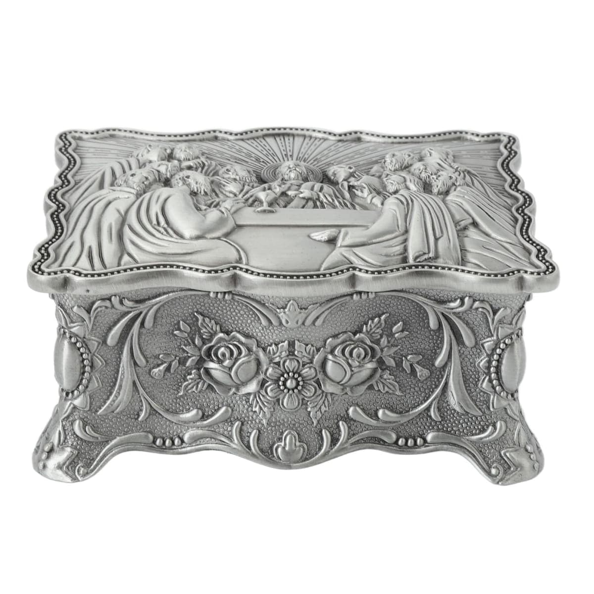 Last Supper Rosary Necklace Eucharistic Box, Vintage Jewelry Box Catholic Christian Roman Rosary Case Velvet Zinc Alloy Decorative Treasure Trinket Chest for Rings (Small Size)