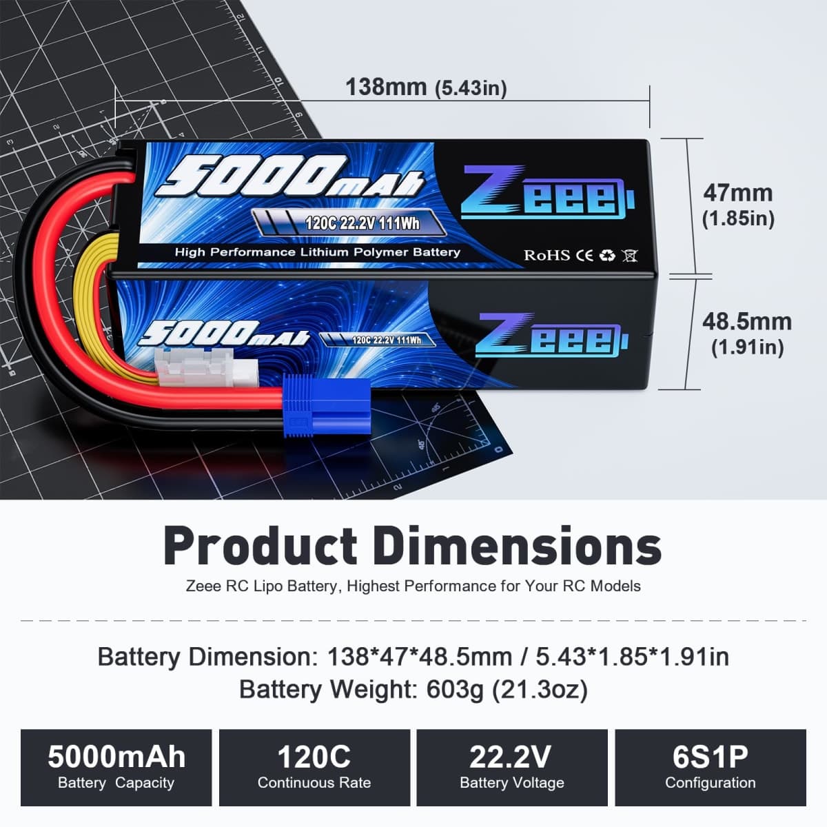 Zeee 6S Lipo Battery 5000mAh 22.2V 120C Hard Case RC Battery with EC5 Connector for RC Car Trucks Airplane Helicopter Quadcopter Boat Racing Models (2 Pack) thumbnail 2