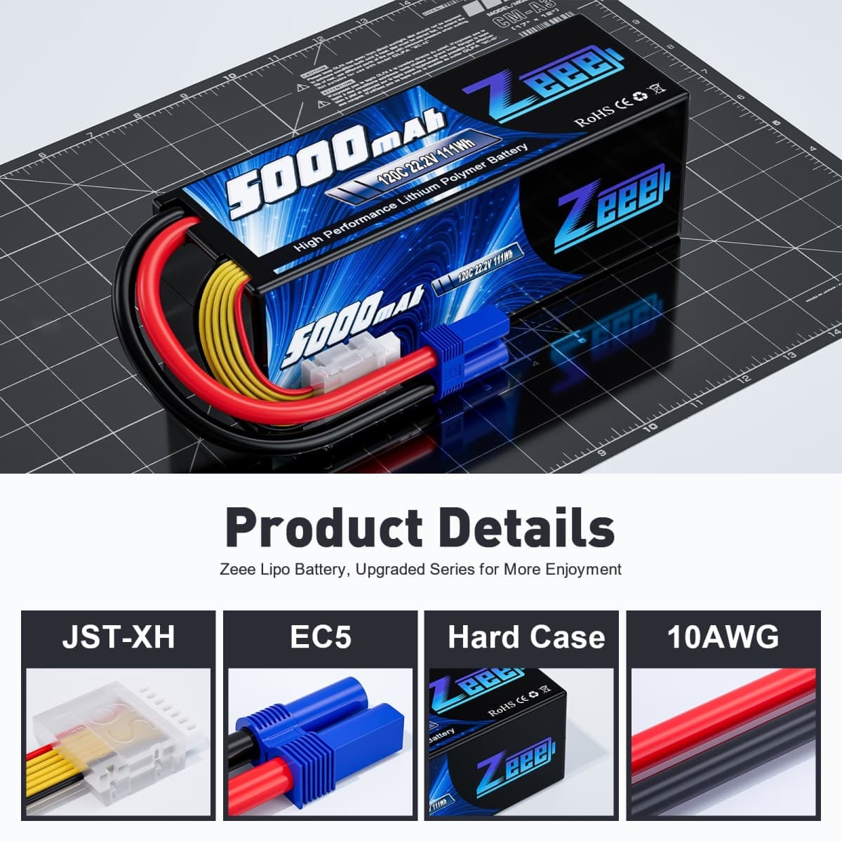 Zeee 6S Lipo Battery 5000mAh 22.2V 120C Hard Case RC Battery with EC5 Connector for RC Car Trucks Airplane Helicopter Quadcopter Boat Racing Models (2 Pack) thumbnail 3