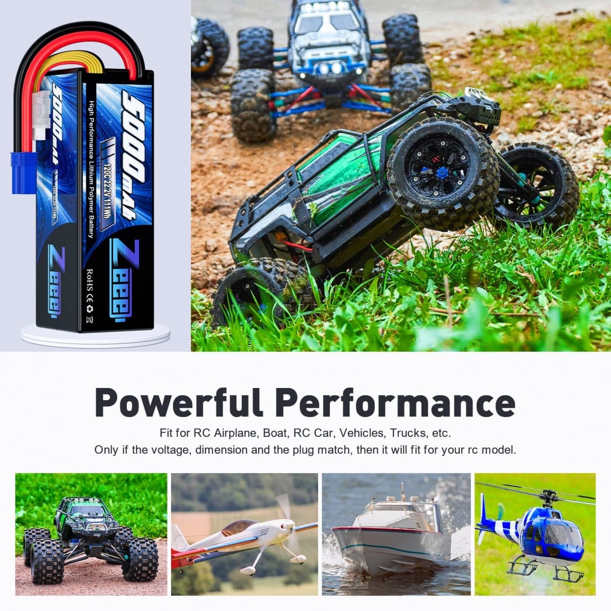 Zeee 6S Lipo Battery 5000mAh 22.2V 120C Hard Case RC Battery with EC5 Connector for RC Car Trucks Airplane Helicopter Quadcopter Boat Racing Models (2 Pack) thumbnail 5