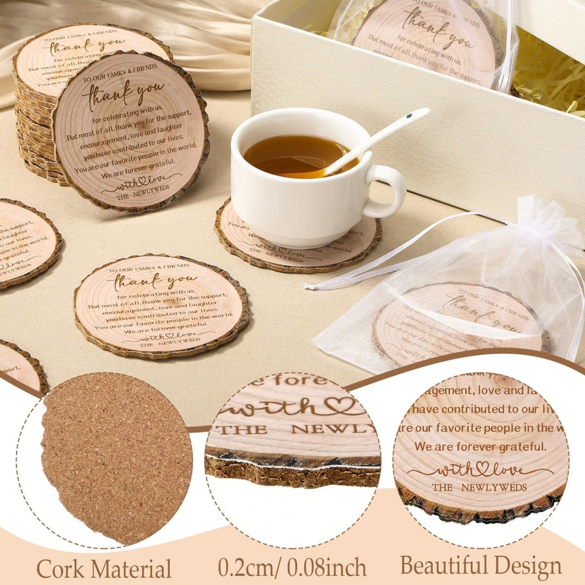 Hushee 100 Sets Wedding Favors for Guests Tree Bark Cork Coasters Bulk Thank You for Celebrating with Us Party Decoration Favors Wedding Wood Coaster Rustic Wedding Gift Bridal Shower Party Favors thumbnail 2