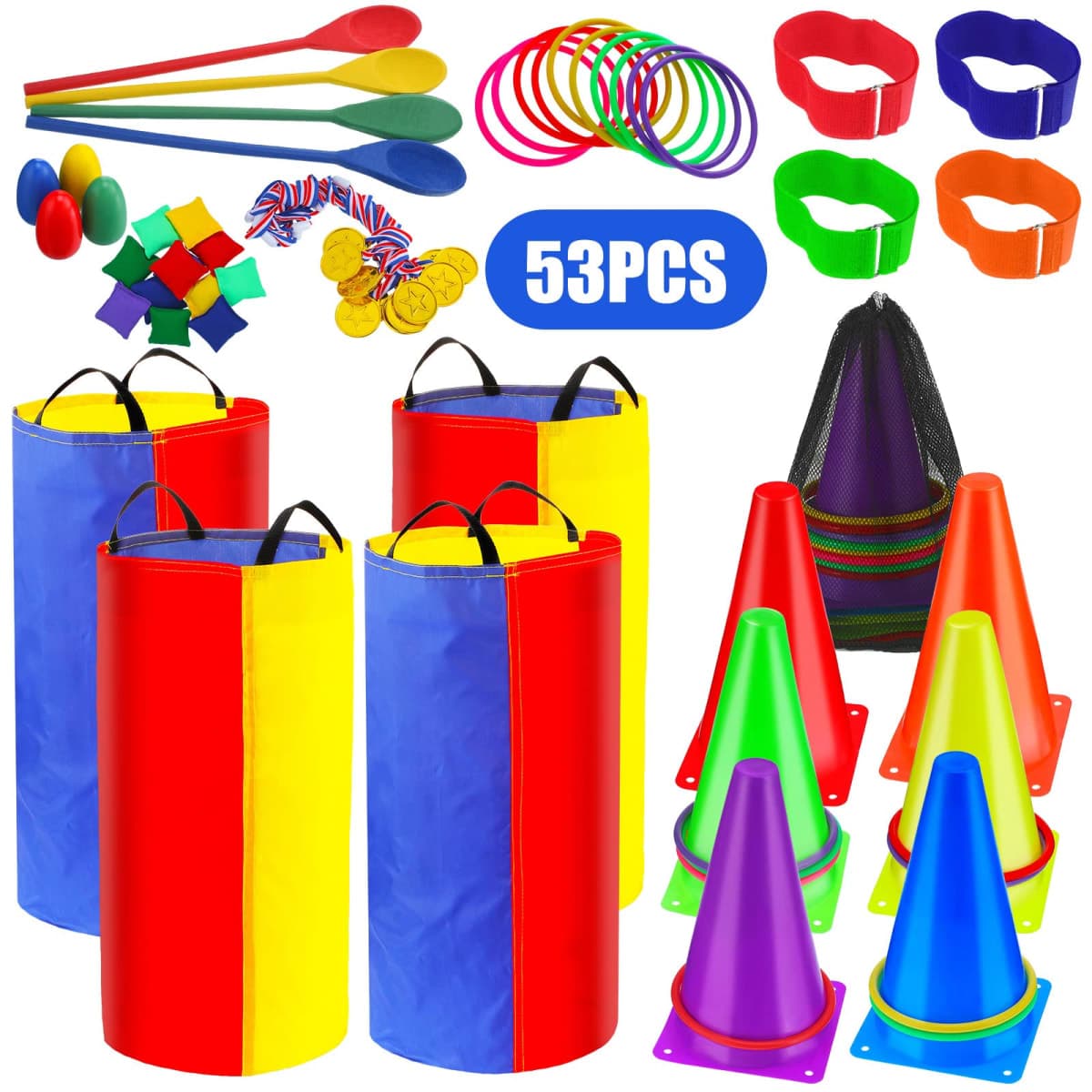53 Pieces Outdoor Lawn Game Carnival Toss Set Potato Sack Race Bags Egg and Spoon Race Party Ring Bean Bag Tossing Cones Prizes for Adult Family Birthday Party Outdoor Game Supplies thumbnail 2