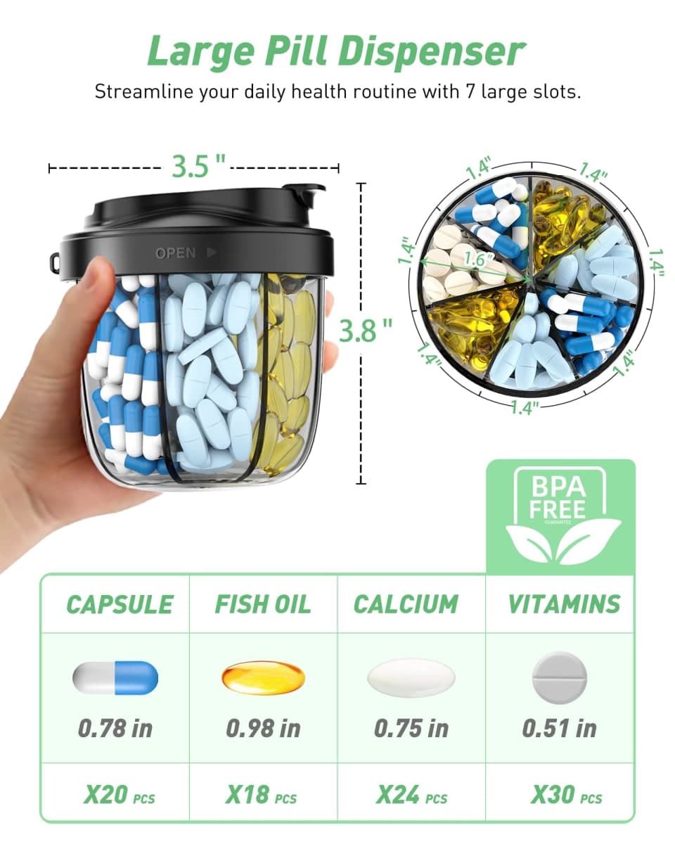 Pill Organizer,Pill Dispenser with 7 Large Compartments,Portable Pill Box for Travel thumbnail 2