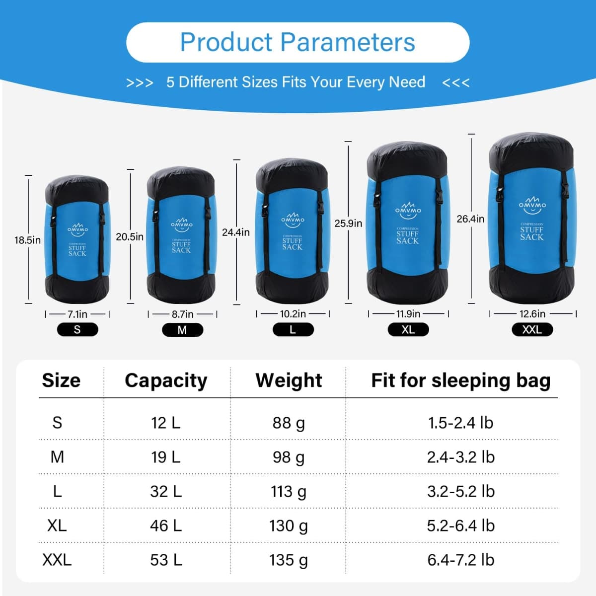 OMVMO Sleeping Bag Stuff Sack, 11L/18L/30L/45L/52L Water-Resistant Compression Sack,Anti-Tear Ultra Light Nylon Storage Bag，Black/Yellow/Orange/Dark Blue/Dark Green/Sky Blue (Sky Blue, S/12L) thumbnail 2