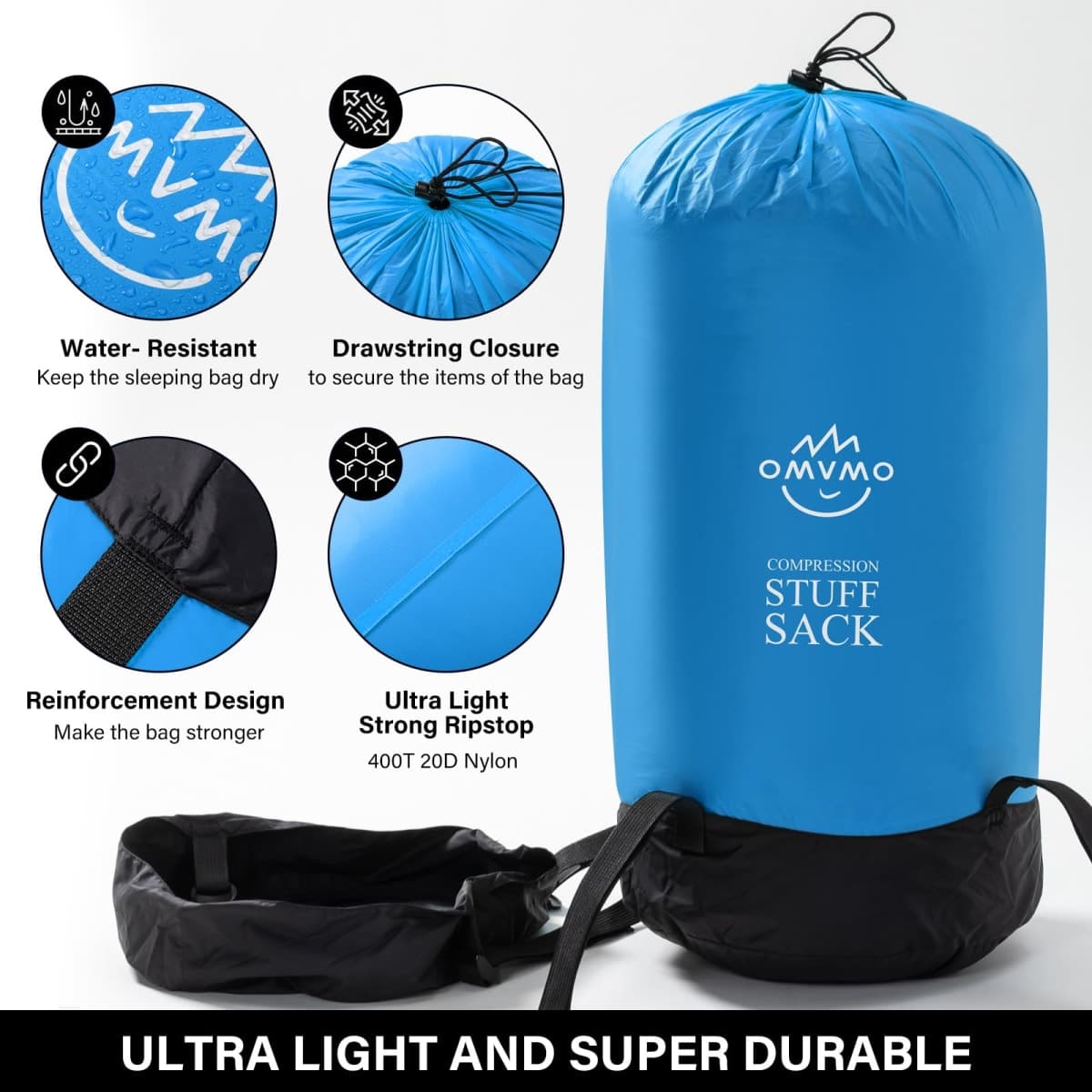 OMVMO Sleeping Bag Stuff Sack, 11L/18L/30L/45L/52L Water-Resistant Compression Sack,Anti-Tear Ultra Light Nylon Storage Bag，Black/Yellow/Orange/Dark Blue/Dark Green/Sky Blue (Sky Blue, S/12L) thumbnail 4
