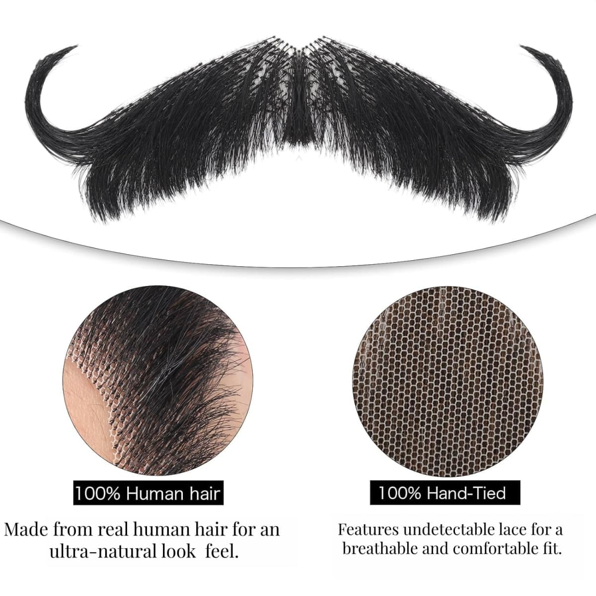 Krfapt Fake Mustache Realistic Handlebar Style - 100% Human Hair with Lace Front for Easy Stick On, Masquerade Party, Performance, Halloween Costume, Cosplay for Men & Women (Black) thumbnail 2