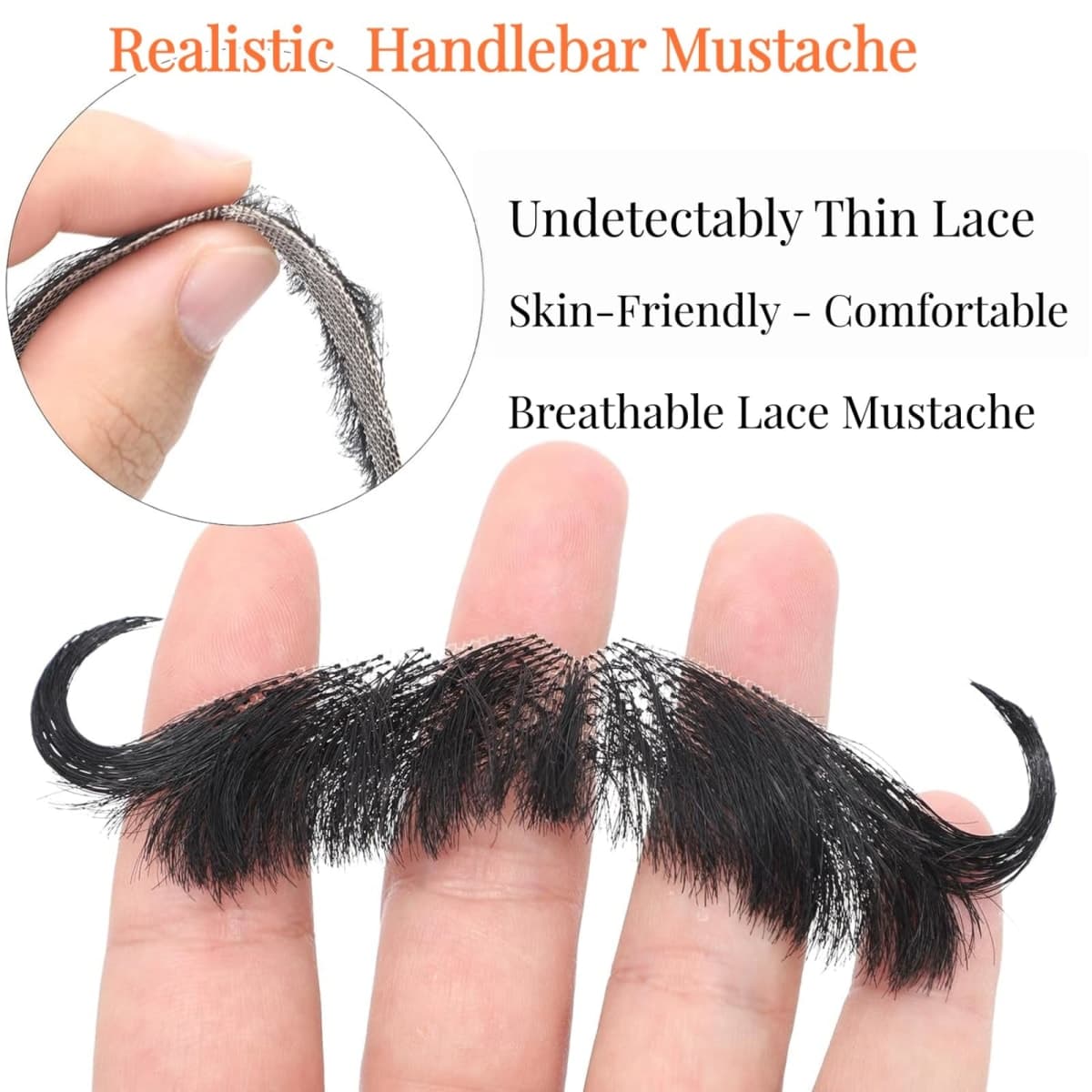 Krfapt Fake Mustache Realistic Handlebar Style - 100% Human Hair with Lace Front for Easy Stick On, Masquerade Party, Performance, Halloween Costume, Cosplay for Men & Women (Black) thumbnail 3