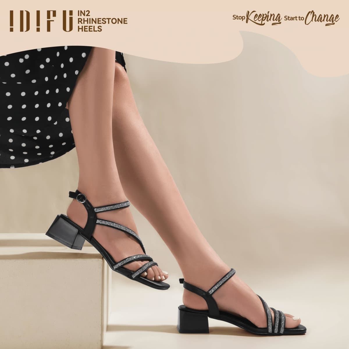 IDIFU IN2 Rhinestone Low Heels for Women Sparkly Dressy Block Short Strappy Square Open Toe Chunky Heeled Sandals Prom Wedding Bride Party Dress Shoes Comfortable Bling Thick Heels, Black Rhinestone thumbnail 2