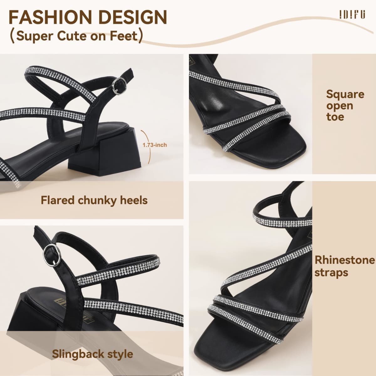 IDIFU IN2 Rhinestone Low Heels for Women Sparkly Dressy Block Short Strappy Square Open Toe Chunky Heeled Sandals Prom Wedding Bride Party Dress Shoes Comfortable Bling Thick Heels, Black Rhinestone thumbnail 4