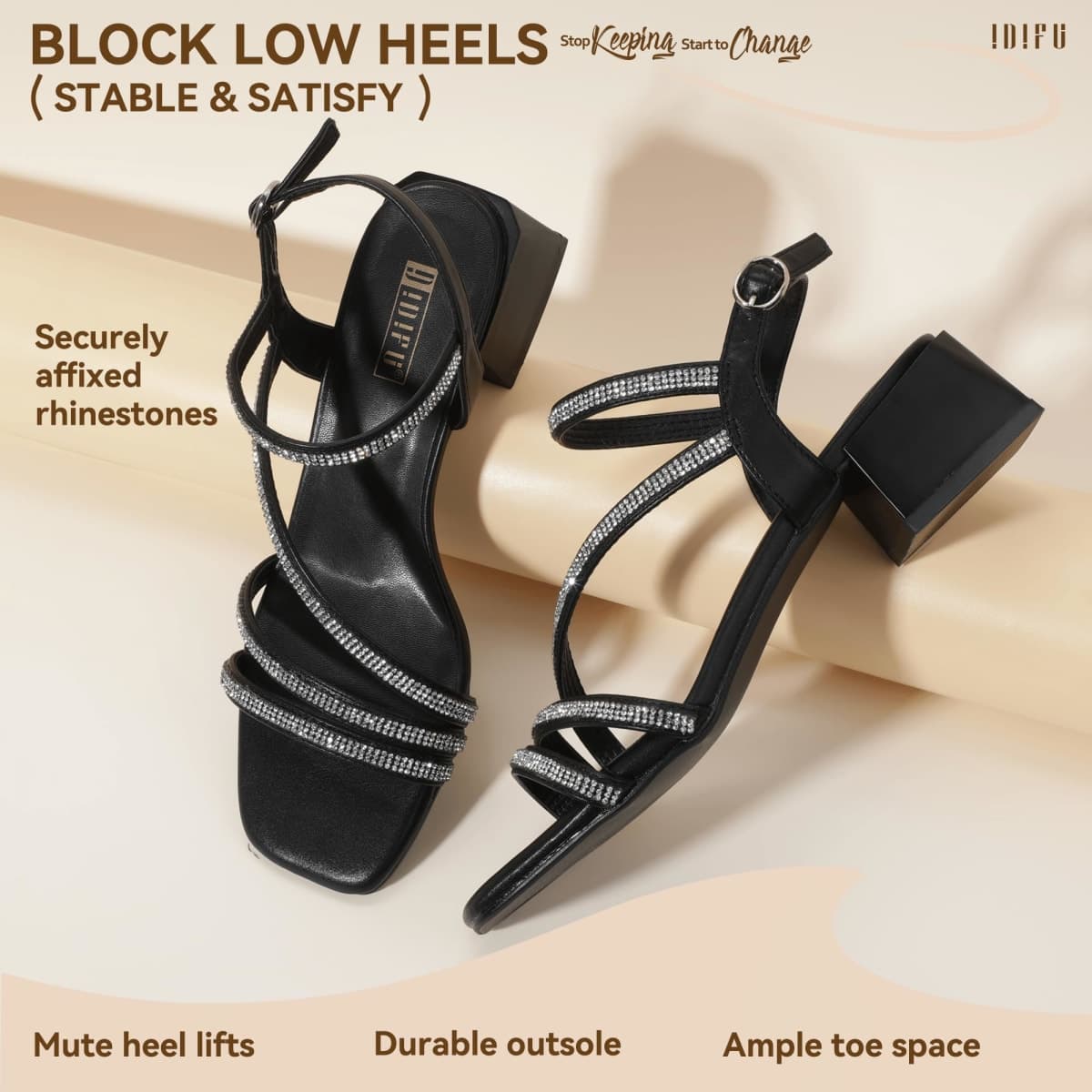 IDIFU IN2 Rhinestone Low Heels for Women Sparkly Dressy Block Short Strappy Square Open Toe Chunky Heeled Sandals Prom Wedding Bride Party Dress Shoes Comfortable Bling Thick Heels, Black Rhinestone thumbnail 5