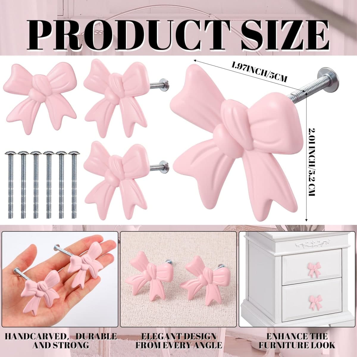 MorningRo Pink Bow Drawer Knobs Matel Bow Knobs for Dresser Coquette Room Decor Vintage Dresser Handles Cabinet Drawer Pulls for Home Bedroom Kitchen Hardware Cupboard(12 Pcs,Pink,Fashion Style) thumbnail 2