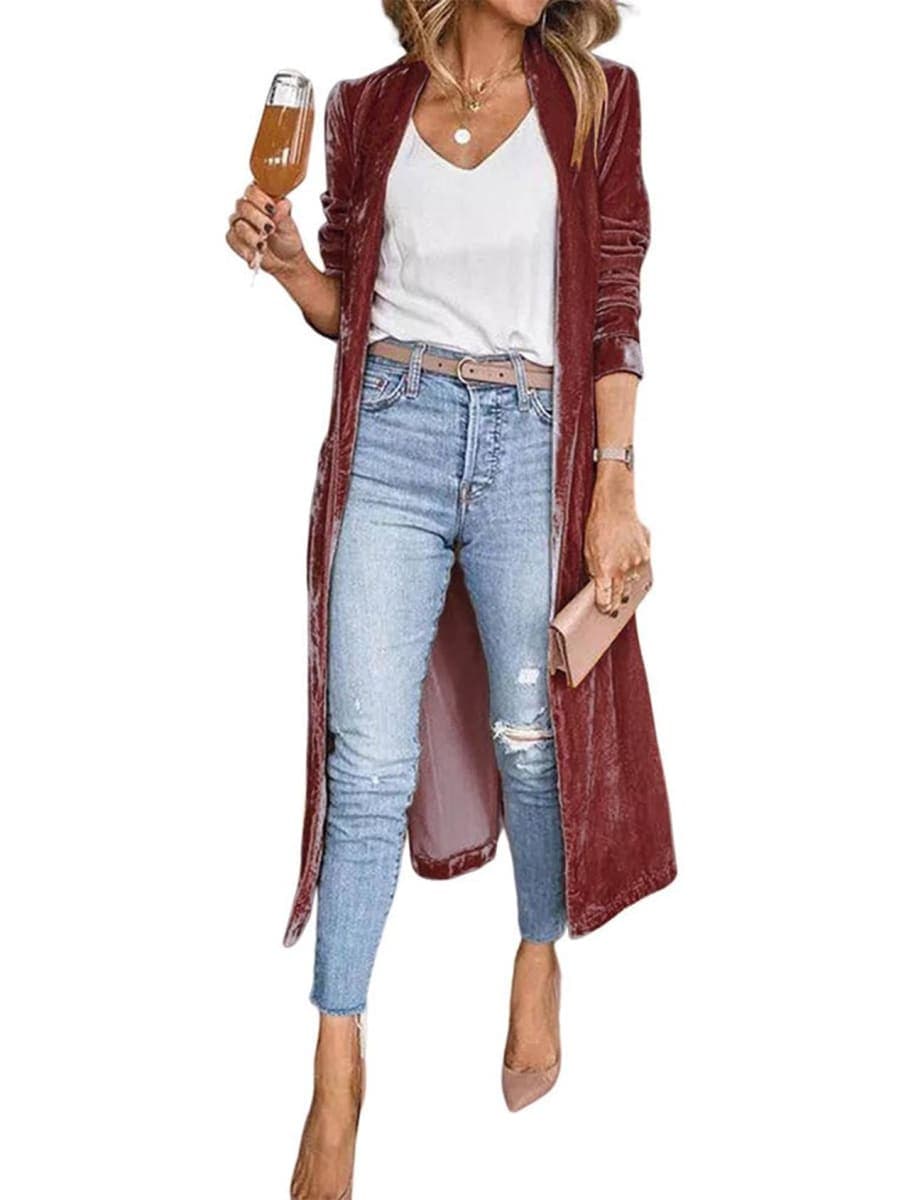 Rseoutlh Women's Long Velvet Cardigan Jacket Casual Open Front Velour Lapel Cardigan Maxi Blazer Duster Sweater(Rosered-S)