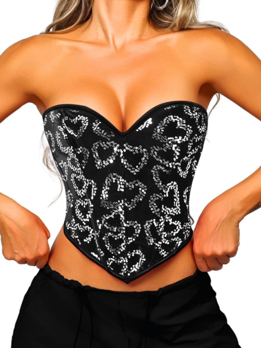 ChiaoLezhee Heart Corset Top For Women, Sexy Concert Outfits Going Out, Strapless Crop Top, Overbust Bustier, Black Sequin Velvet, X-Small — image 1
