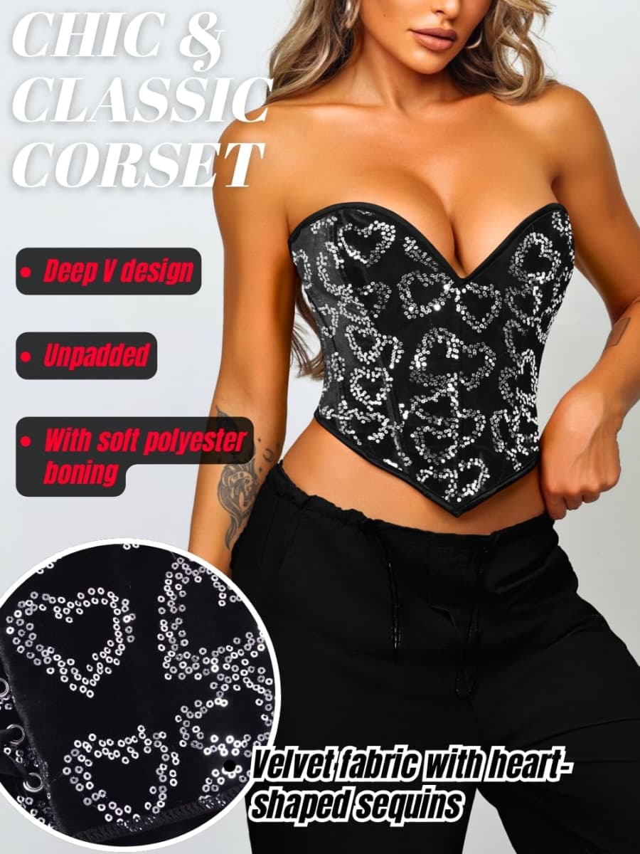 ChiaoLezhee Heart Corset Top For Women, Sexy Concert Outfits Going Out, Strapless Crop Top, Overbust Bustier, Black Sequin Velvet, X-Small thumbnail 2