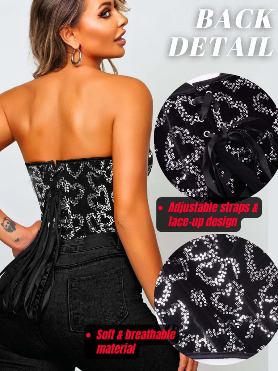 ChiaoLezhee Heart Corset Top For Women, Sexy Concert Outfits Going Out, Strapless Crop Top, Overbust Bustier, Black Sequin Velvet, X-Small thumbnail 3
