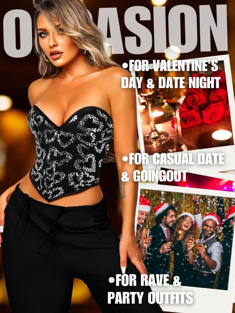 ChiaoLezhee Heart Corset Top For Women, Sexy Concert Outfits Going Out, Strapless Crop Top, Overbust Bustier, Black Sequin Velvet, X-Small thumbnail 4