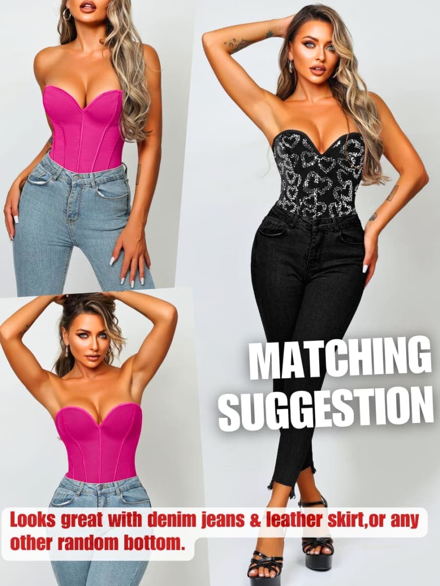ChiaoLezhee Heart Corset Top For Women, Sexy Concert Outfits Going Out, Strapless Crop Top, Overbust Bustier, Black Sequin Velvet, X-Small thumbnail 5