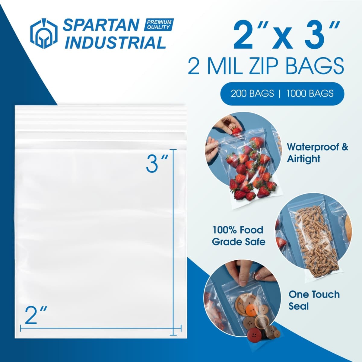Spartan Industrial - 2” X 3” (1000 Count) 2 Mil Clear Reclosable Zip Plastic Poly Bags with Resealable Lock Seal Zipper thumbnail 2