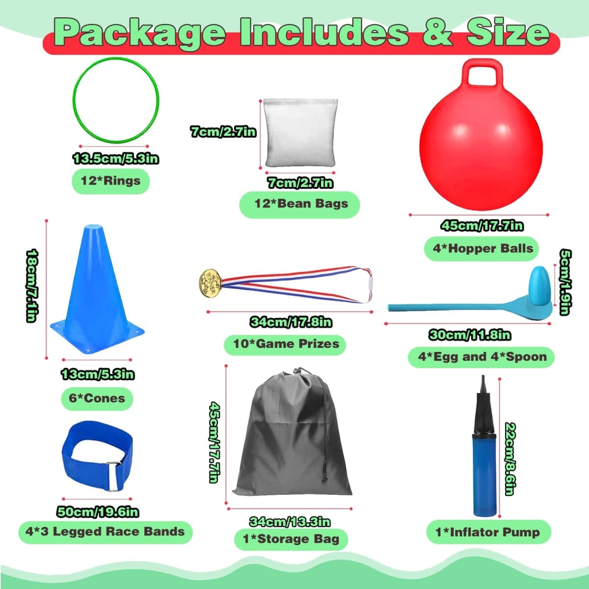 58PCS Carnival Outdoor Games Combo Set,17.7IN Hopper Balls with Handle,Egg Spoon Relay Race,Soft Plastic Cones Bean Bags Ring Toss Game,3 Legged Race for Family Reunion Outside Field Day Easter Games thumbnail 2