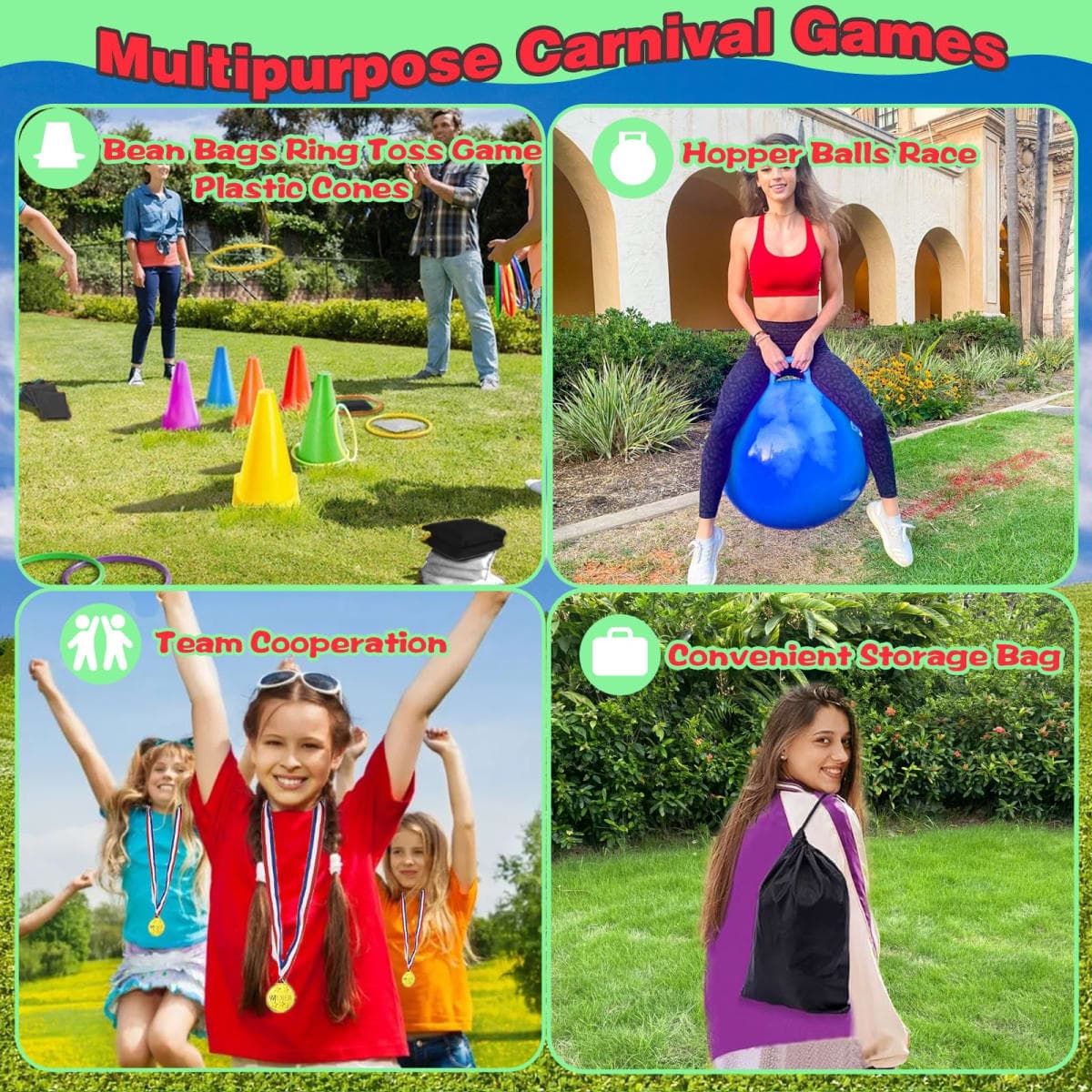 58PCS Carnival Outdoor Games Combo Set,17.7IN Hopper Balls with Handle,Egg Spoon Relay Race,Soft Plastic Cones Bean Bags Ring Toss Game,3 Legged Race for Family Reunion Outside Field Day Easter Games thumbnail 4