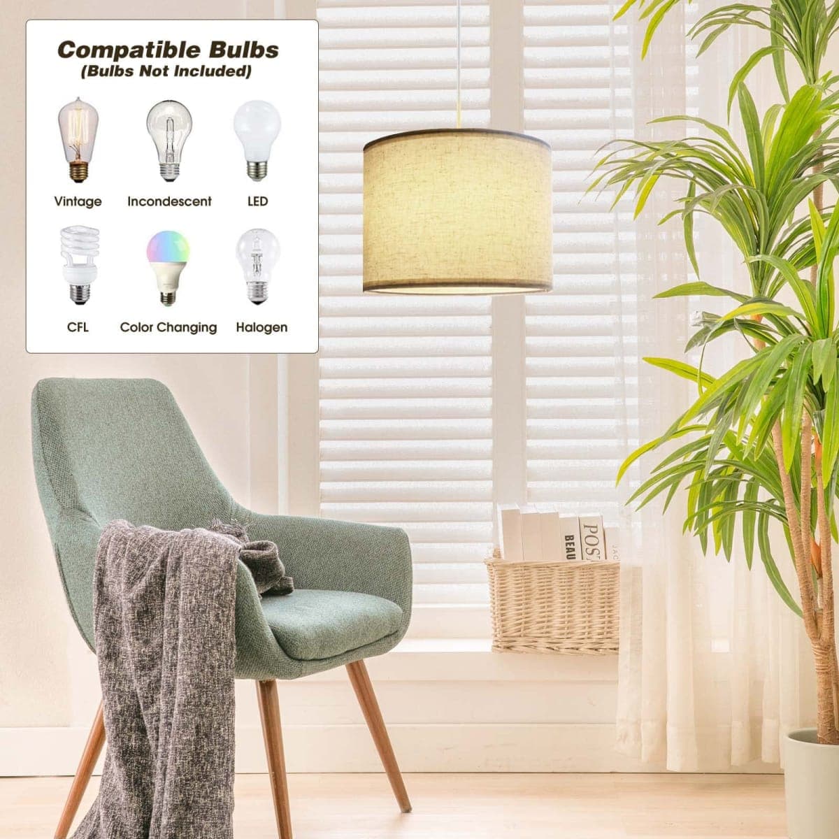 KUAUGST Plug in Pendant Light, 15 FT Hanging Lamp with Plug in Cord, On/Off Switch, Pendant Lighting with Fabric Shade, Hanging Light Fixture for Living Room, Bedroom, Dining Room, Kitchen (Beige) thumbnail 2