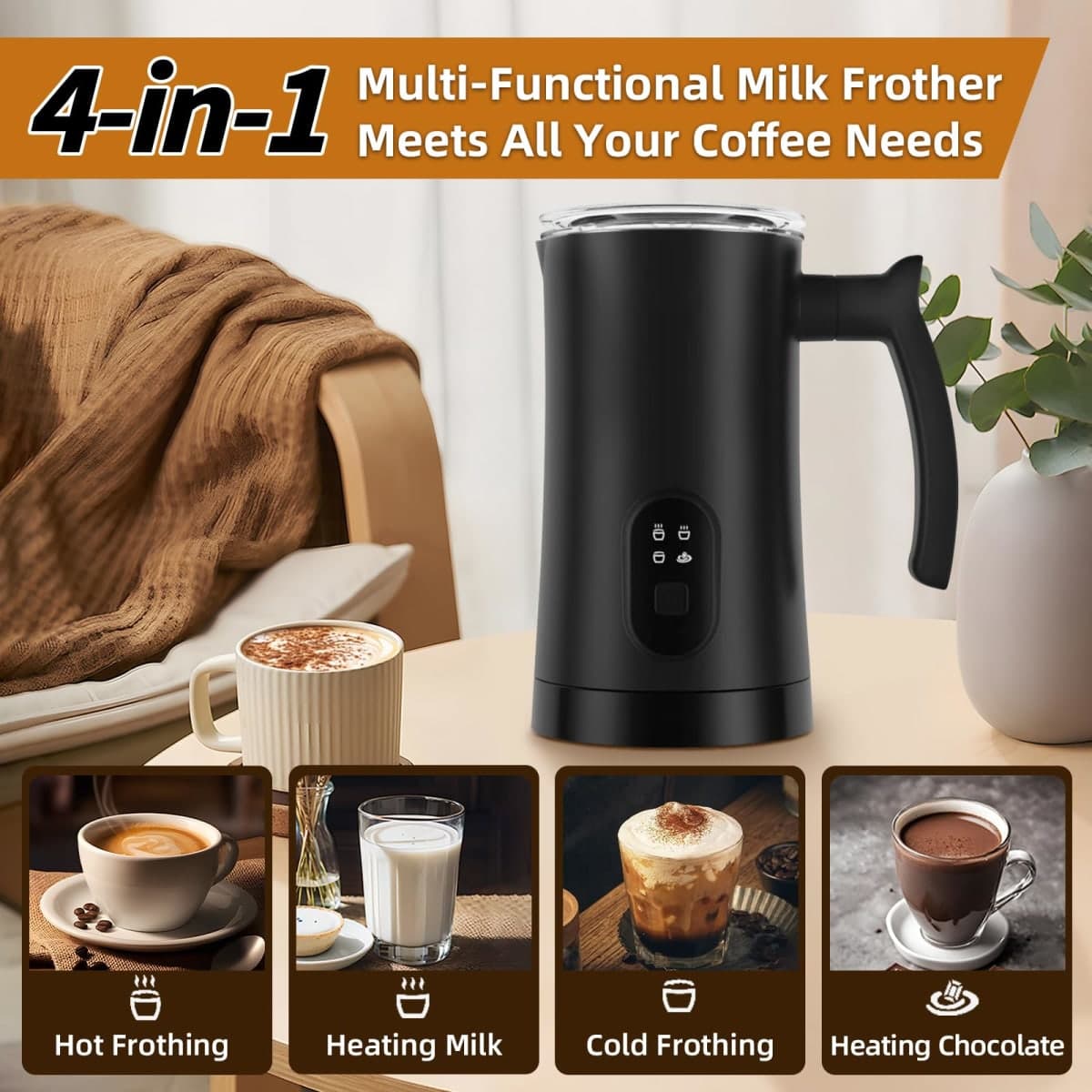MUMAO Milk Frother, 4-in-1 Electric Milk Steamer, 350ml/11.8oz Automatic Frother Machine for Coffee, Warm and Cold Foam, Temperature Control for Latte, Cappuccino, Hot Chocolate thumbnail 3