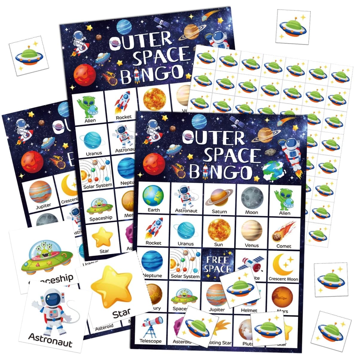 Shappy 35 Pcs Outer Space Party Bingo Cards 24 Players Outer Space Birthday Party Games Bingo Games for Adults Family Activities Birthday Wedding Party Favors Gifts — image 1