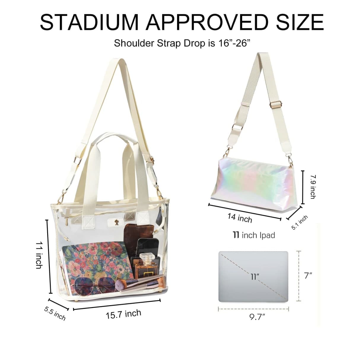 Iridescent Soap Bubble Clear Tote Bag – Stadium Approved with Bag-in-Bag Shoulder Design for Concerts, Beaches, Events, White, Large thumbnail 2