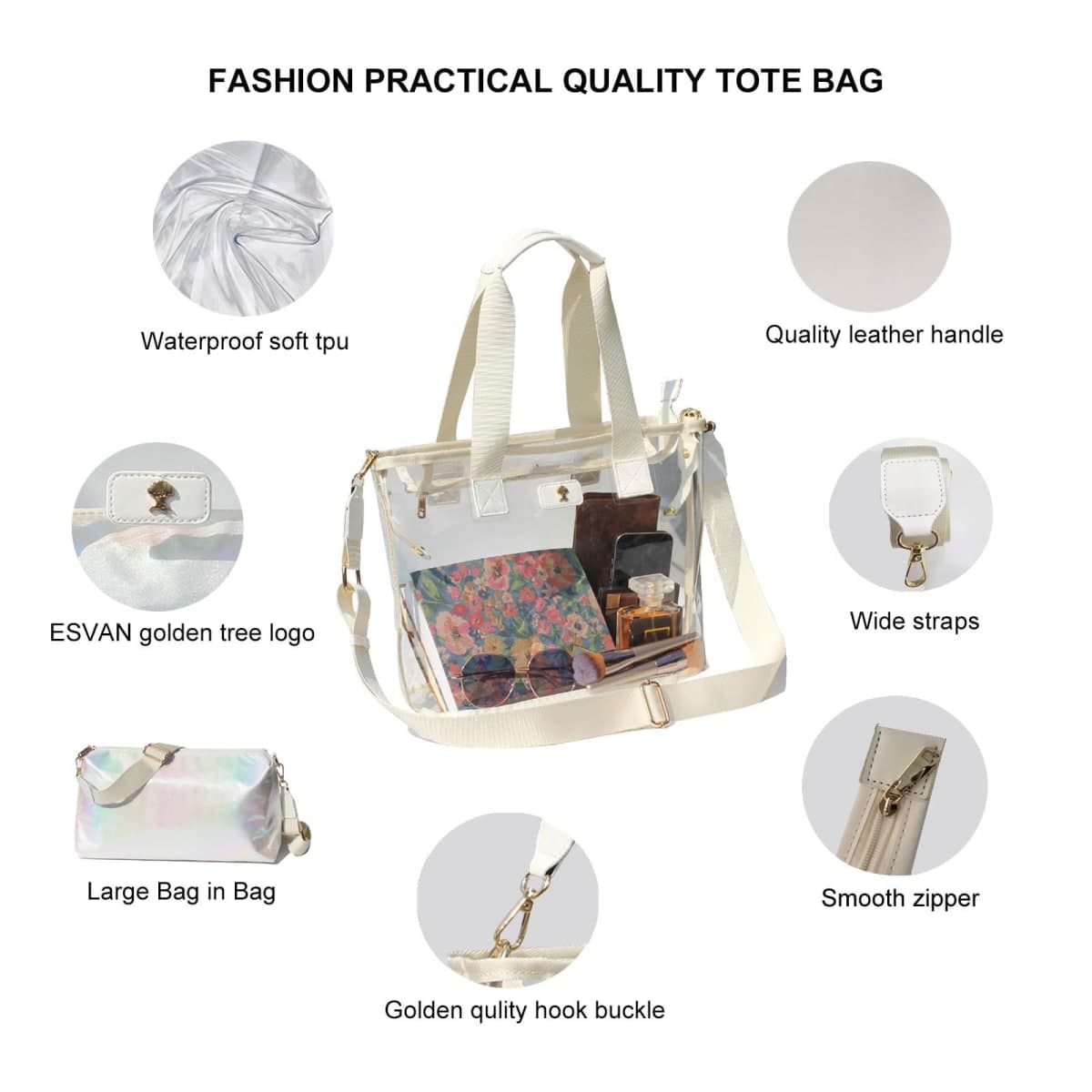Iridescent Soap Bubble Clear Tote Bag – Stadium Approved with Bag-in-Bag Shoulder Design for Concerts, Beaches, Events, White, Large thumbnail 3