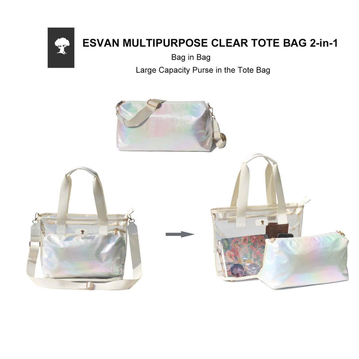 Iridescent Soap Bubble Clear Tote Bag – Stadium Approved with Bag-in-Bag Shoulder Design for Concerts, Beaches, Events, White, Large thumbnail 4