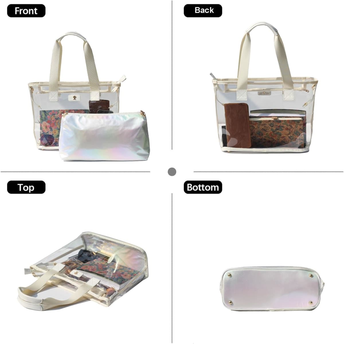 Iridescent Soap Bubble Clear Tote Bag – Stadium Approved with Bag-in-Bag Shoulder Design for Concerts, Beaches, Events, White, Large thumbnail 5