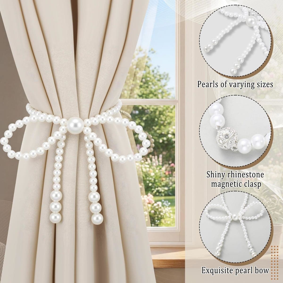 Lewtemi 2 Pcs Pearl Bow Magnetic Curtain Tiebacks Decorative Curtain Holdbacks No Drill for Mother's Day Home Outdoor Bedroom Office (Bowknot) thumbnail 3