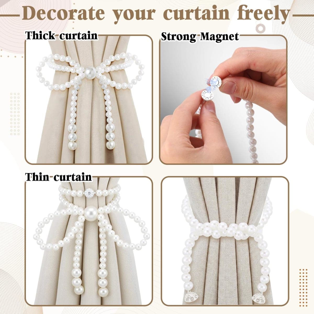 Lewtemi 2 Pcs Pearl Bow Magnetic Curtain Tiebacks Decorative Curtain Holdbacks No Drill for Mother's Day Home Outdoor Bedroom Office (Bowknot) thumbnail 4
