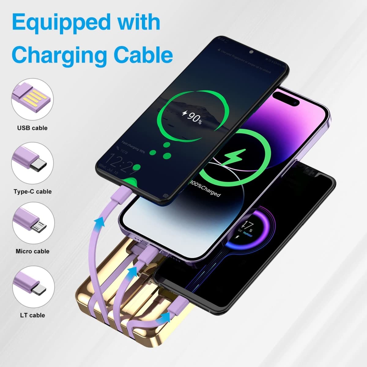 12000mAh Portable Power Bank, Built-in 4 Cable Battery Packs, Dual-Input Dual-Output USB Ports,with LED Digital Display and LED Flashlight, Compatible with All Smart Phones (Purple) thumbnail 3