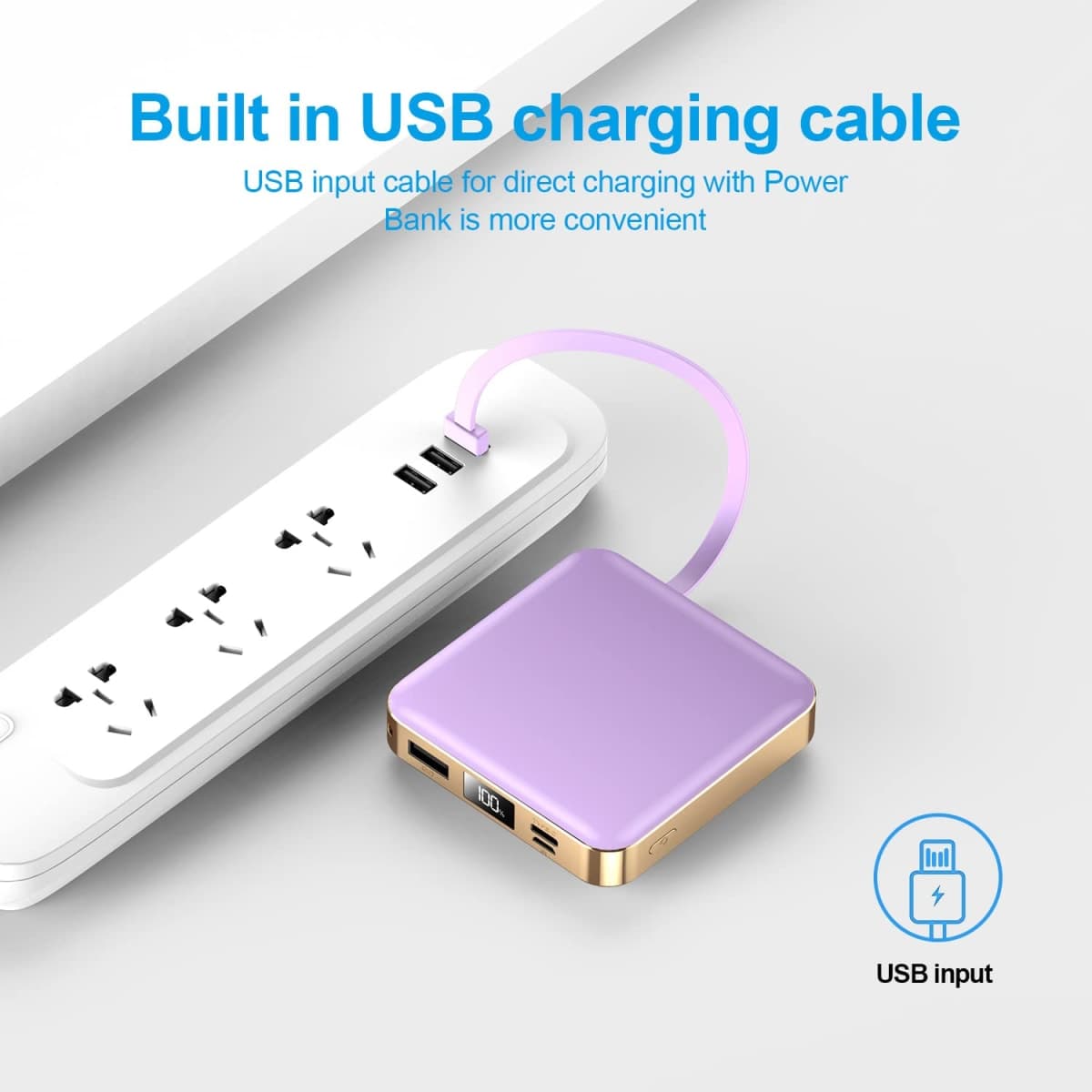 12000mAh Portable Power Bank, Built-in 4 Cable Battery Packs, Dual-Input Dual-Output USB Ports,with LED Digital Display and LED Flashlight, Compatible with All Smart Phones (Purple) thumbnail 4