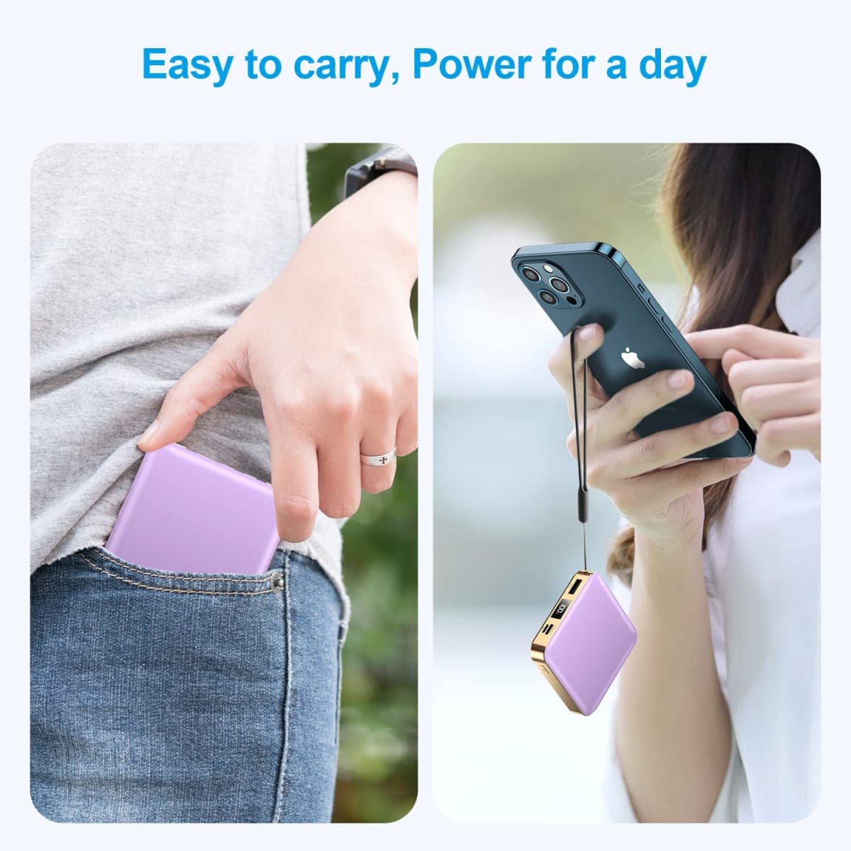 12000mAh Portable Power Bank, Built-in 4 Cable Battery Packs, Dual-Input Dual-Output USB Ports,with LED Digital Display and LED Flashlight, Compatible with All Smart Phones (Purple) thumbnail 5