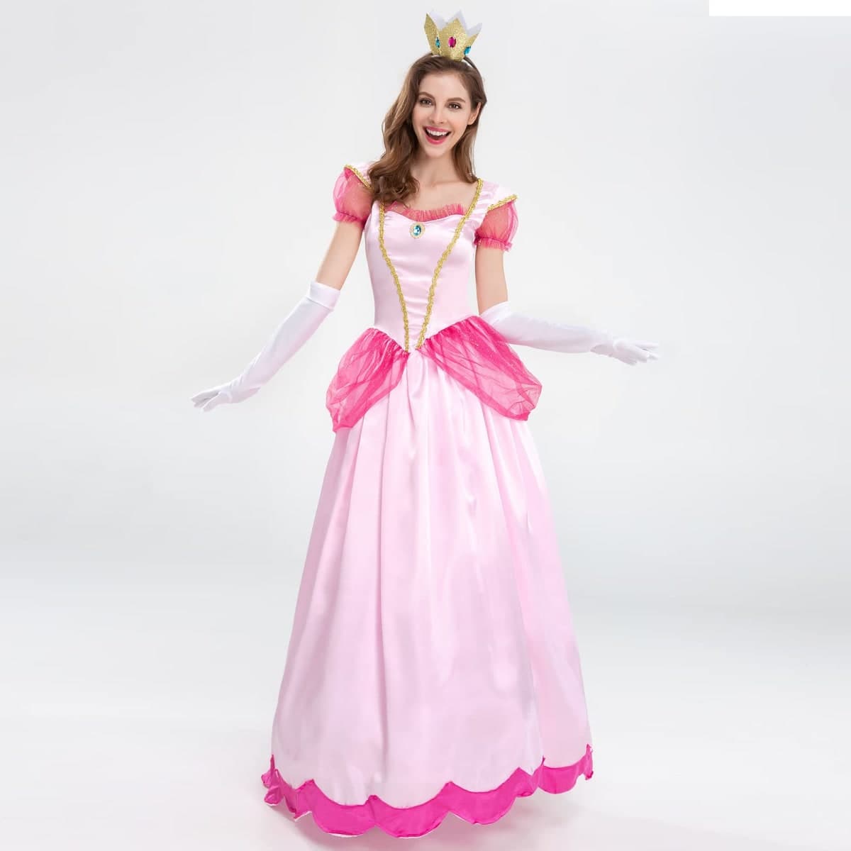 ODIZLI Princess Peach Costume Adult Women Themed Party Fancy Dress Up Short Puff Sleeve Long Dress + Gloves + Crown 3Pcs Fairy Outfit Halloween Christmas Carnival Cosplay Pink XL thumbnail 2