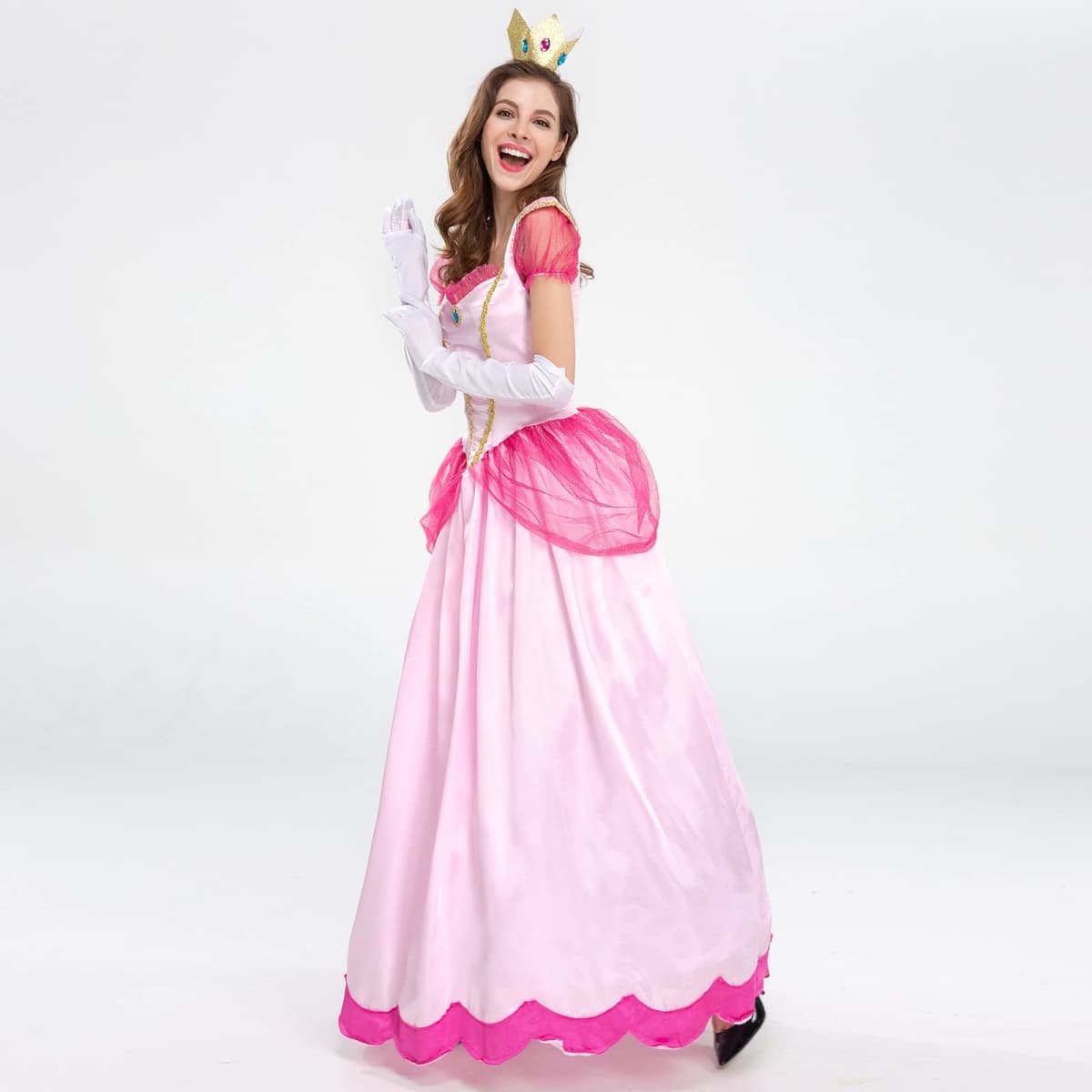 ODIZLI Princess Peach Costume Adult Women Themed Party Fancy Dress Up Short Puff Sleeve Long Dress + Gloves + Crown 3Pcs Fairy Outfit Halloween Christmas Carnival Cosplay Pink XL thumbnail 3