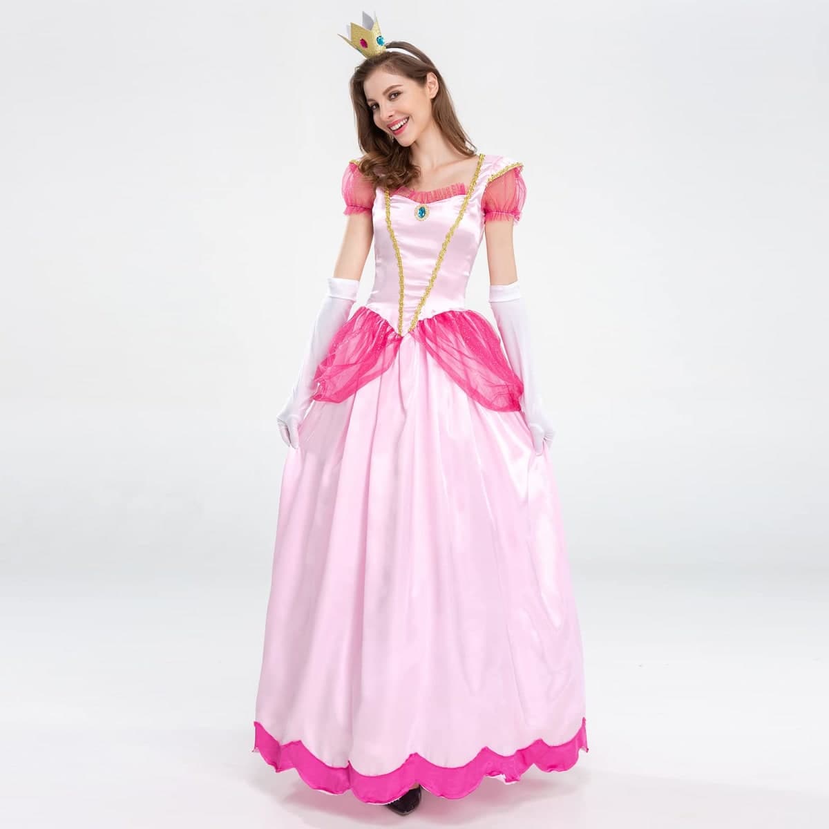 ODIZLI Princess Peach Costume Adult Women Themed Party Fancy Dress Up Short Puff Sleeve Long Dress + Gloves + Crown 3Pcs Fairy Outfit Halloween Christmas Carnival Cosplay Pink XL thumbnail 4