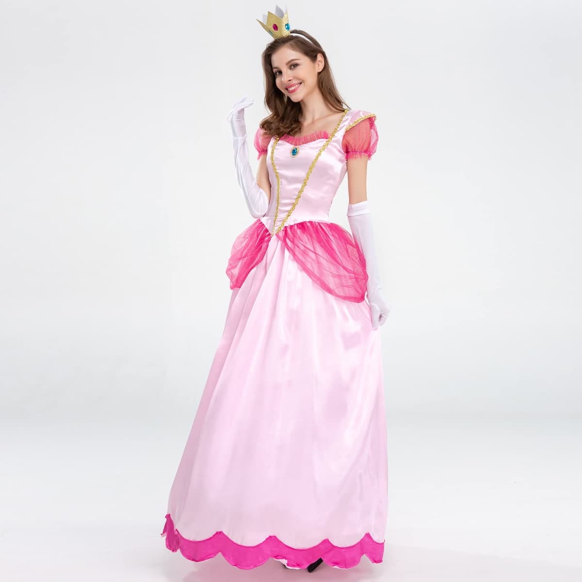 ODIZLI Princess Peach Costume Adult Women Themed Party Fancy Dress Up Short Puff Sleeve Long Dress + Gloves + Crown 3Pcs Fairy Outfit Halloween Christmas Carnival Cosplay Pink XL thumbnail 5