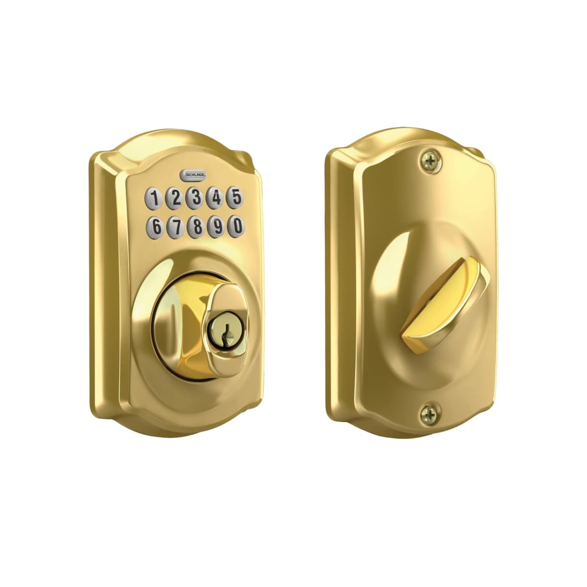 Schlage Camelot Electronic Keypad Deadbolt Lock, Keyless Front Door Entry, Mechanical Key Backup Included, Bright Brass, BE365 CAM 505 — image 1