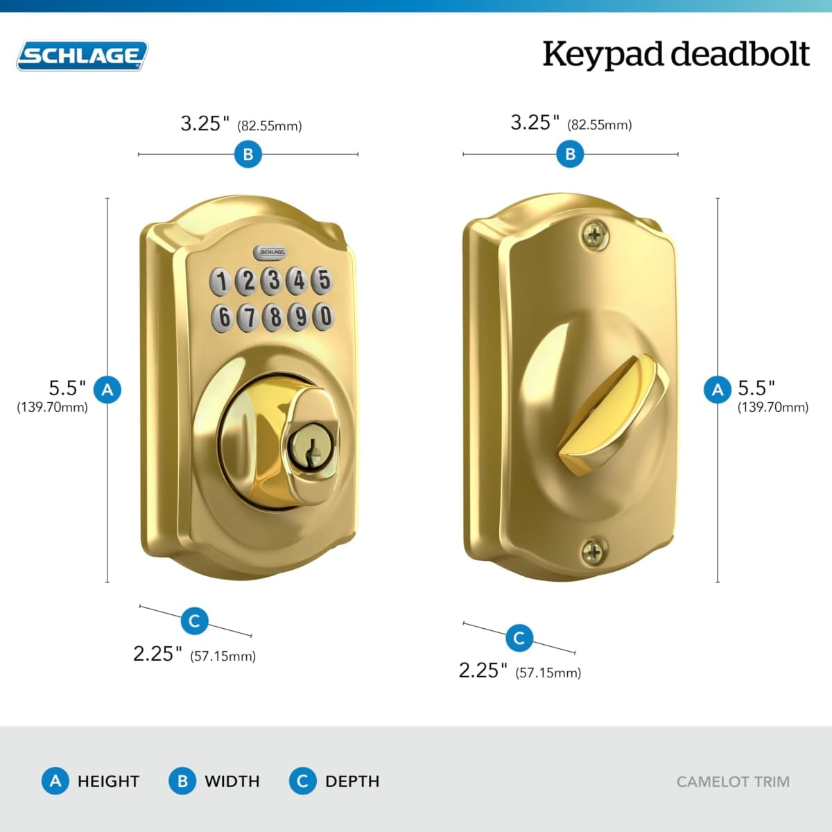Schlage Camelot Electronic Keypad Deadbolt Lock, Keyless Front Door Entry, Mechanical Key Backup Included, Bright Brass, BE365 CAM 505 thumbnail 3