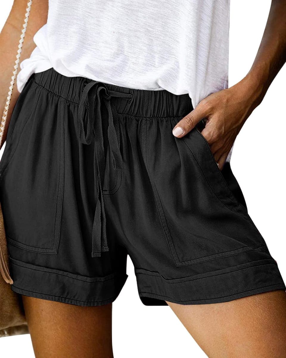 SZSMFZ Womens Elastic Waist Drawstring Shorts Beach Shorts Lightweight Athletic Shorts Comfy Short Pants with Pockets, 1-black, Large — image 1