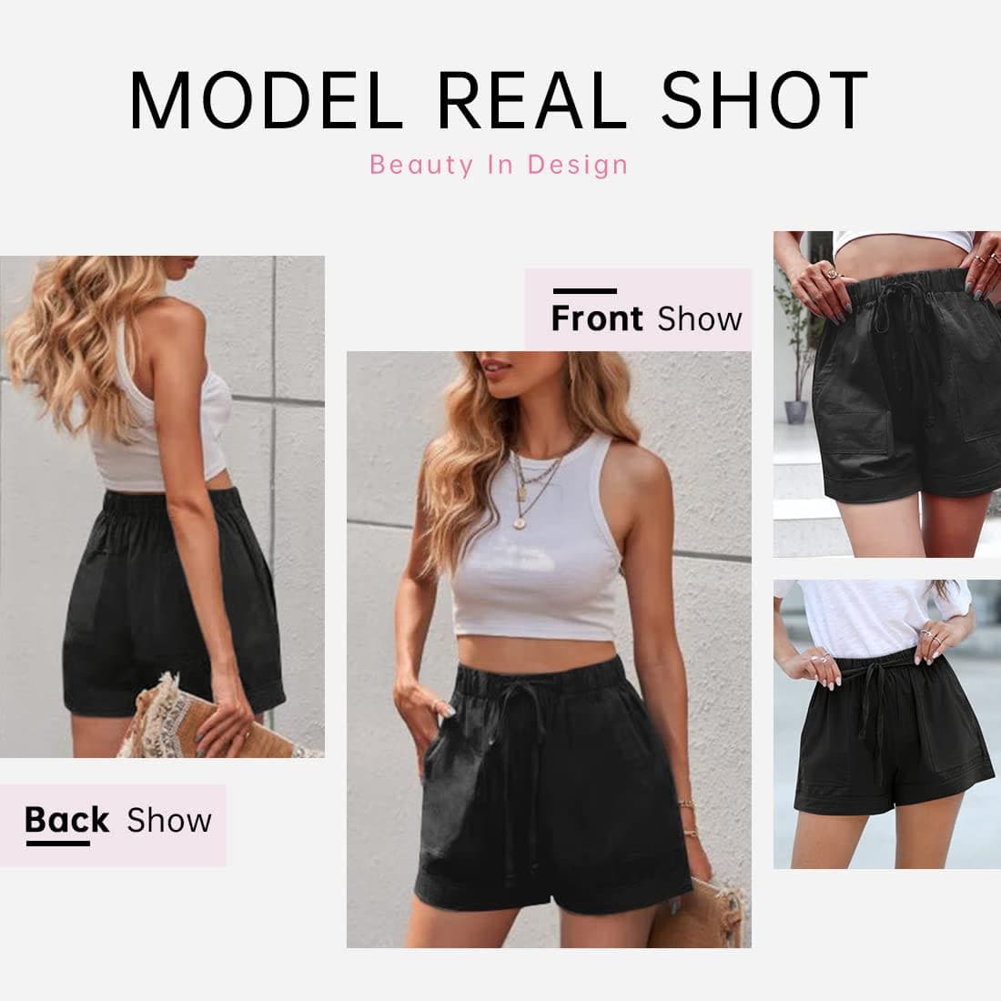 SZSMFZ Womens Elastic Waist Drawstring Shorts Beach Shorts Lightweight Athletic Shorts Comfy Short Pants with Pockets, 1-black, Large thumbnail 3