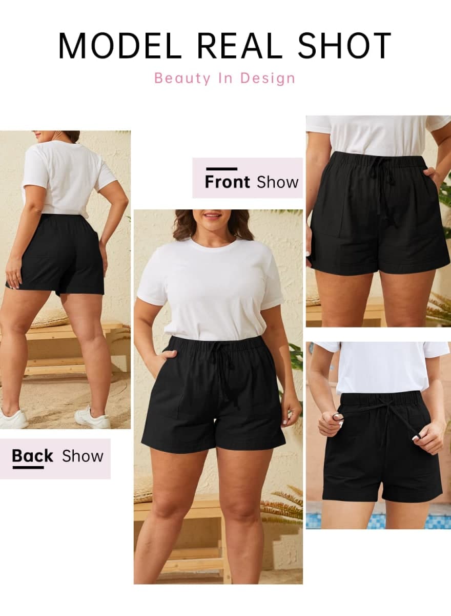 SZSMFZ Womens Elastic Waist Drawstring Shorts Beach Shorts Lightweight Athletic Shorts Comfy Short Pants with Pockets, 1-black, Large thumbnail 4