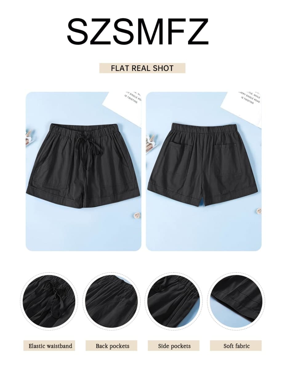 SZSMFZ Womens Elastic Waist Drawstring Shorts Beach Shorts Lightweight Athletic Shorts Comfy Short Pants with Pockets, 1-black, Large thumbnail 5