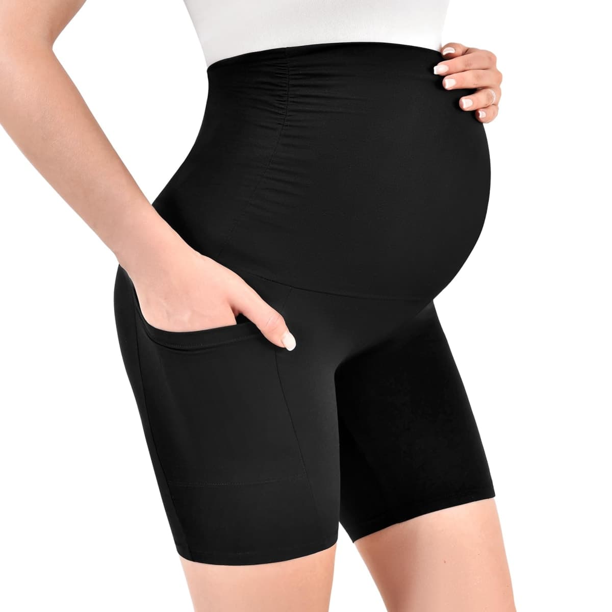 Walifrey Women's Maternity Shorts with Pockets Over The Belly,Pregnancy Yoga Pants Activewear Workout Shorts, Black, Medium thumbnail 2