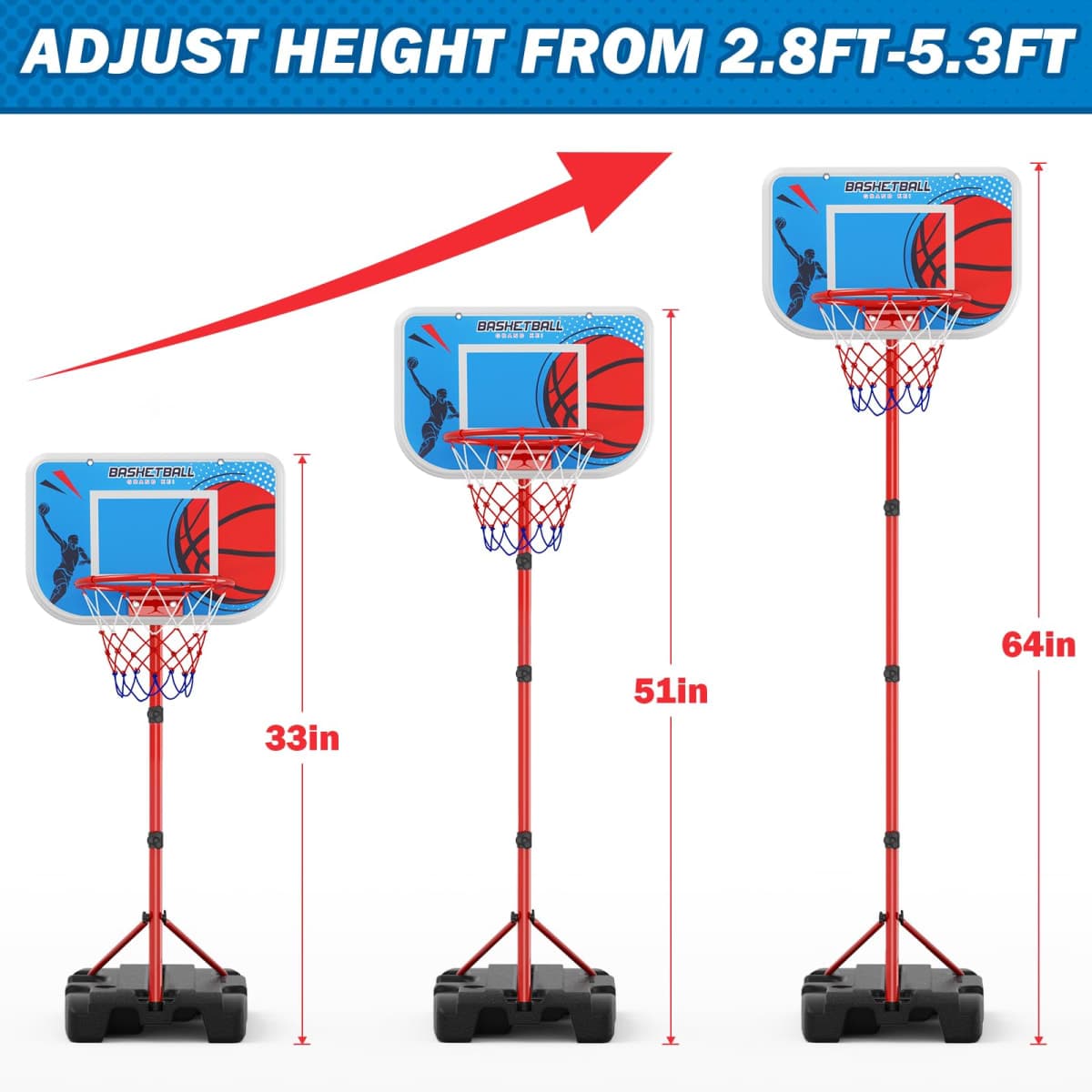 HYES Kids Basketball Hoop Indoor, Toddler Basketball Hoop Outdoor, with Package Design/Adjustable Height/4 Balls, Portable Basketball Goal Court Toys Gifts for Boys Girls 4-8 thumbnail 2