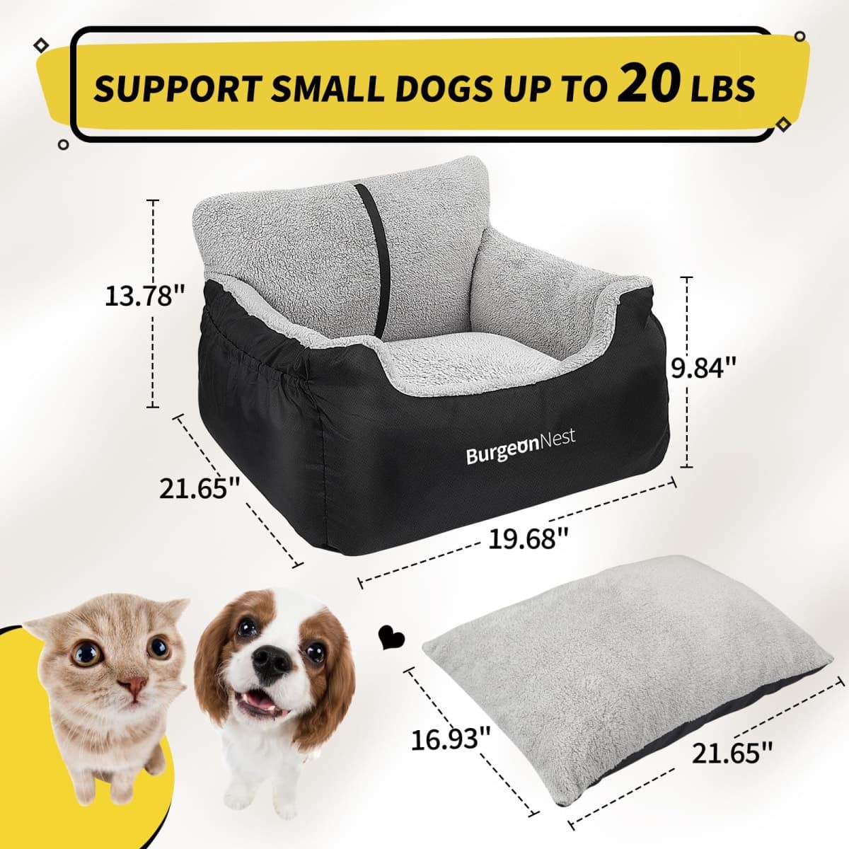 BurgeonNest Dog Car Seat for Small Dogs, Fully Detachable and Washable Cat Carseats Under 25 lbs, Soft Pet Booster Seats with Storage Pockets and Clip-On Leash Portable Car Travel Carrier Bed, Black thumbnail 3